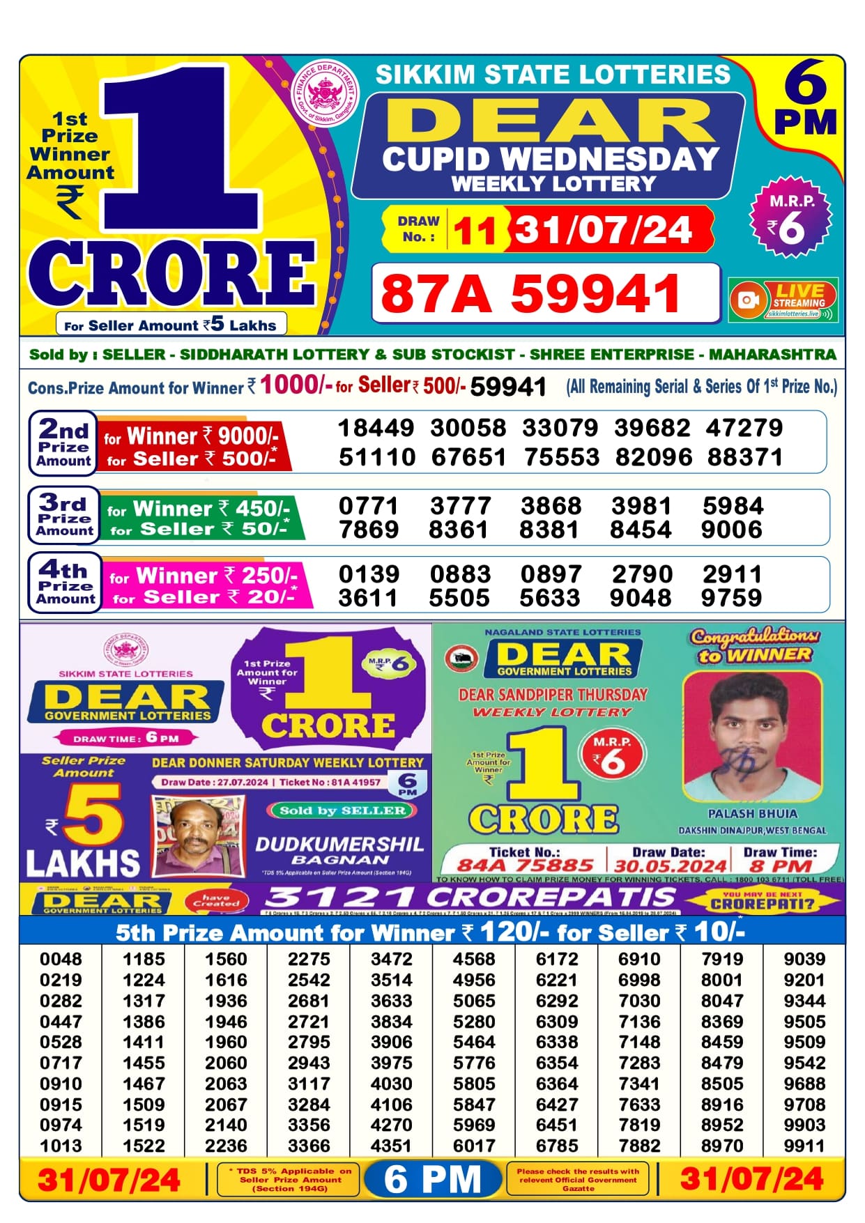 Lottery Sambad 31 Tarik Result 1 PM 6 PM 8 PM 31 07 2024