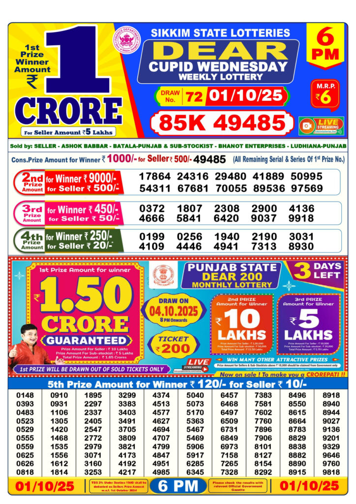 Lottery Sambad Live Today 1PM, 6PM, 8PM Result 27-10-2025 Download
